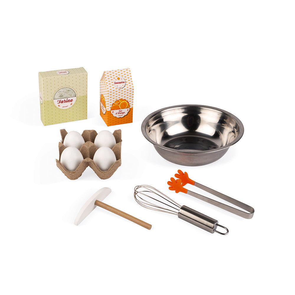 Janod Crepes & Co Waffle House. 40 Accessories include: 1 cash register, 1 set of coins and notes, 1 waffle iron, 3 waffles, 3 donuts, 1 box of 4 eggs, 1 jar of spread, 3 crêpes, 3 'fillings' for the crêpes, 1 bowl, 1 whisk, 1 crêpe rake, 9 pieces of sliced fruit, 1 pair of tongs, 3 Kraft paper bags , 2 cardboard boxes of food and 1 box of chalk.