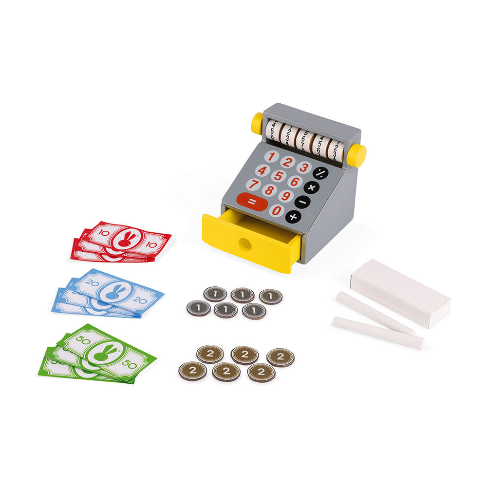 Janod Crepes & Co Waffle House 40 Accessories include: 1 cash register, 1 set of coins and notes, 1 waffle iron, 3 waffles, 3 donuts, 1 box of 4 eggs, 1 jar of spread, 3 crêpes, 3 'fillings' for the crêpes, 1 bowl, 1 whisk, 1 crêpe rake, 9 pieces of sliced fruit, 1 pair of tongs, 3 Kraft paper bags , 2 cardboard boxes of food and 1 box of chalk.