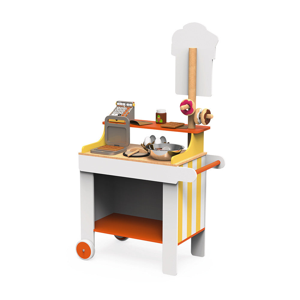 Janod Crepes & Co Waffle House. With wheels integrated into the stands design, it's easy to move around for play and it also has a handy storage area underneath to keep it looking tidy and to keep all the many accessories!