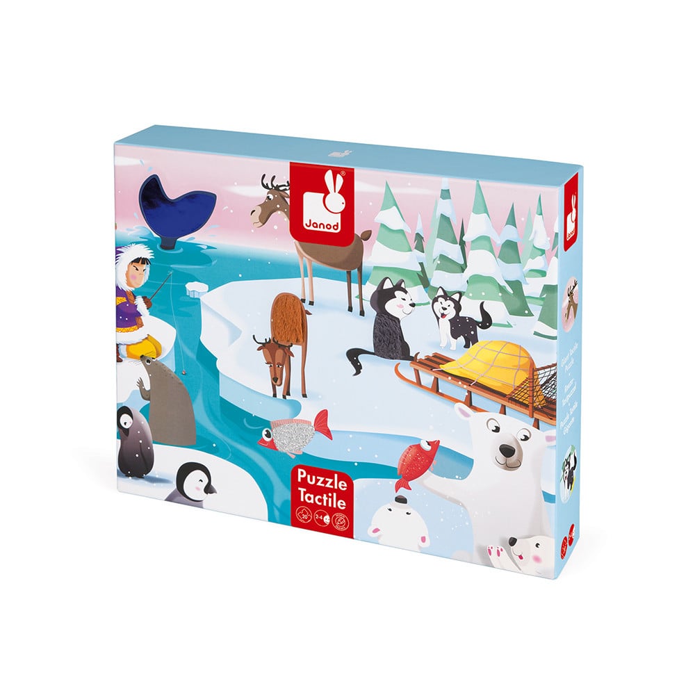 Janod Life On The Ice Tactile Puzzle. This is a beautifully illustrated, colourful and tactile giant puzzle is made up of 20 large pieces in the theme of life on the ice.