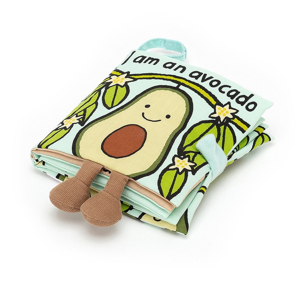 Jellycat I am an Avocado soft fabric book with legs.  This soft fabric book is full of fun and is great for little ones to explore. It can also be used on the go and will attach to prams, bouncers etc. Suitable from birth.