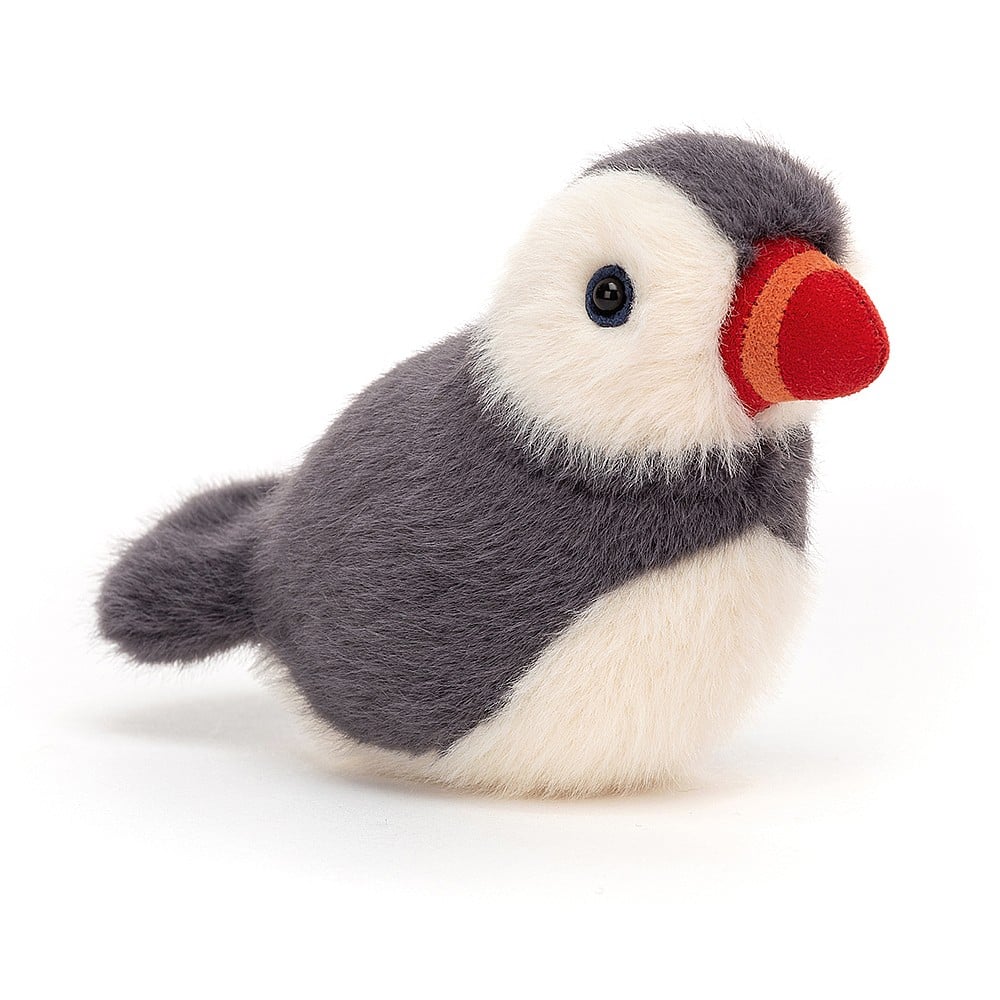 Jellycat Birdling Puffin is pebble and cream with a tufty tail and red suedey bill A gorgeous little companion to cheer. Sold by Say It Baby Gifts. BIR6P