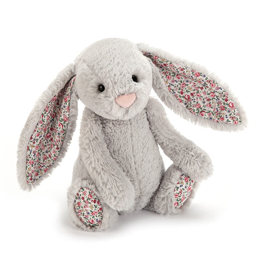 Jellycat Blossom Silver Bunny - Small.  This gorgeous silvery bunny is playful and sweet with flowery feet!