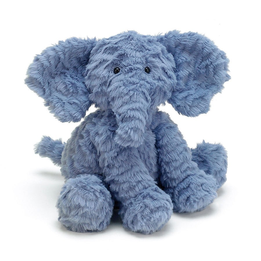 Jellycat Fuddlewuddle Elephant - Medium. A special, snuggly soft elephant with chalky-blue fur, long trunk and floppy ears. This stompy chap is ready for mighty cuddles! Say It Baby Gifts.