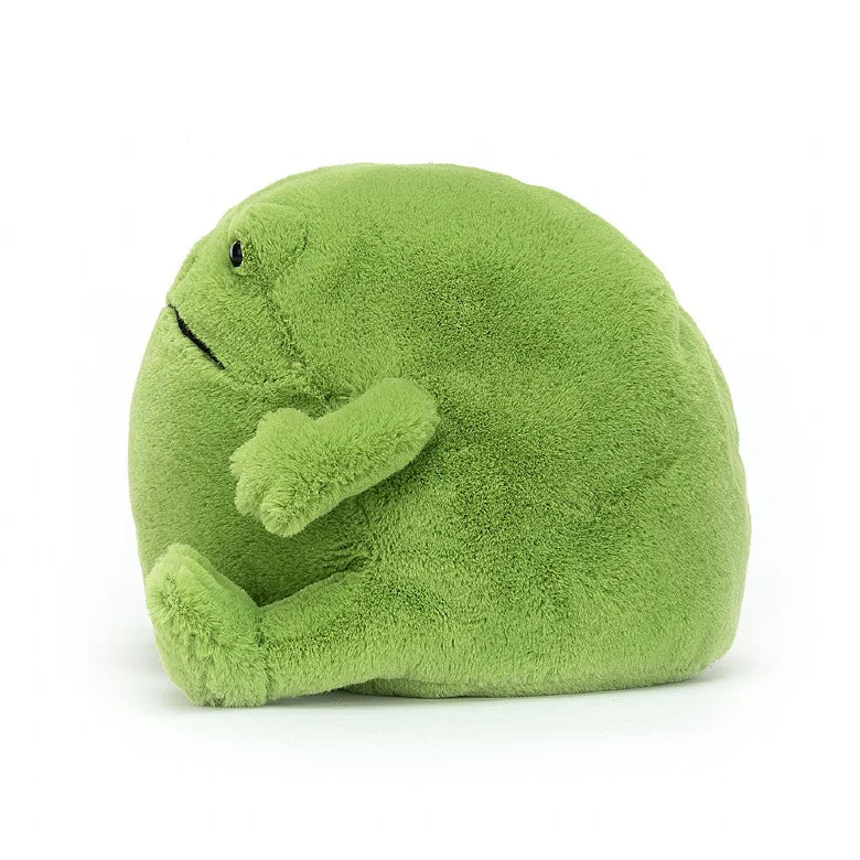 Jellycat Ricky Rain Frog - he’s not sulking, he's just concentrating! This ponderous, chunky-round, pea-green chap may look serious and glum but loves nothing better than to sing like an opera tenor! Sold by Say it Baby Gifts