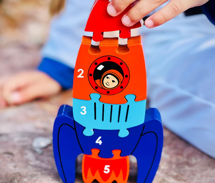 Lanka Kade 5 Piece Rocket Jigsaw - a fantastic chunky five piece jigsaw. Little ones can learn to count as they slot puzzle pieces together to create a fun space rocket - blast off! Sold by Say It Baby Gifts