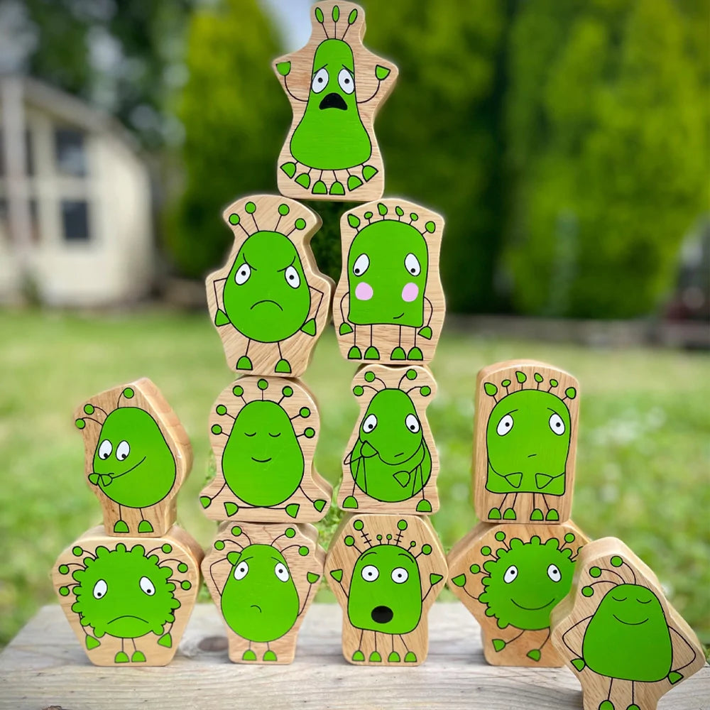 This Lanka Kade Feelings Folk Playset. Sold by Say It baby Gifts. Each character depicts a different emotion including angry, bored, calm, confused, embarrassed, happy, proud, sad, scared, shocked, shy and worried. 