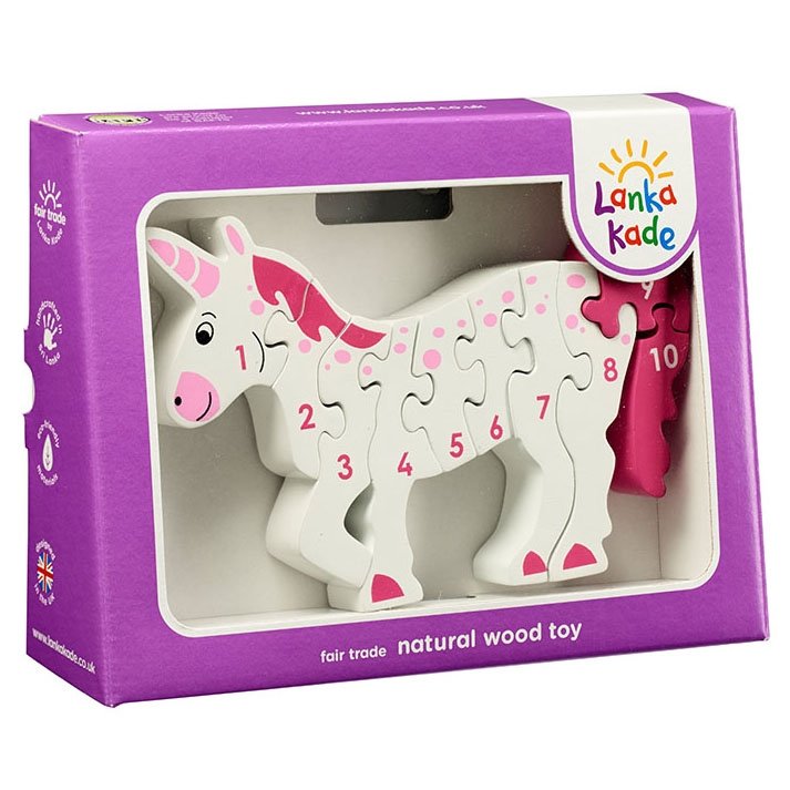Lanka Kade 10 Piece Unicorn Jigsaw - a fantastic chunky ten piece jigsaw. Little ones can learn to count as they slot puzzle pieces together to create the pink and white unicorn.