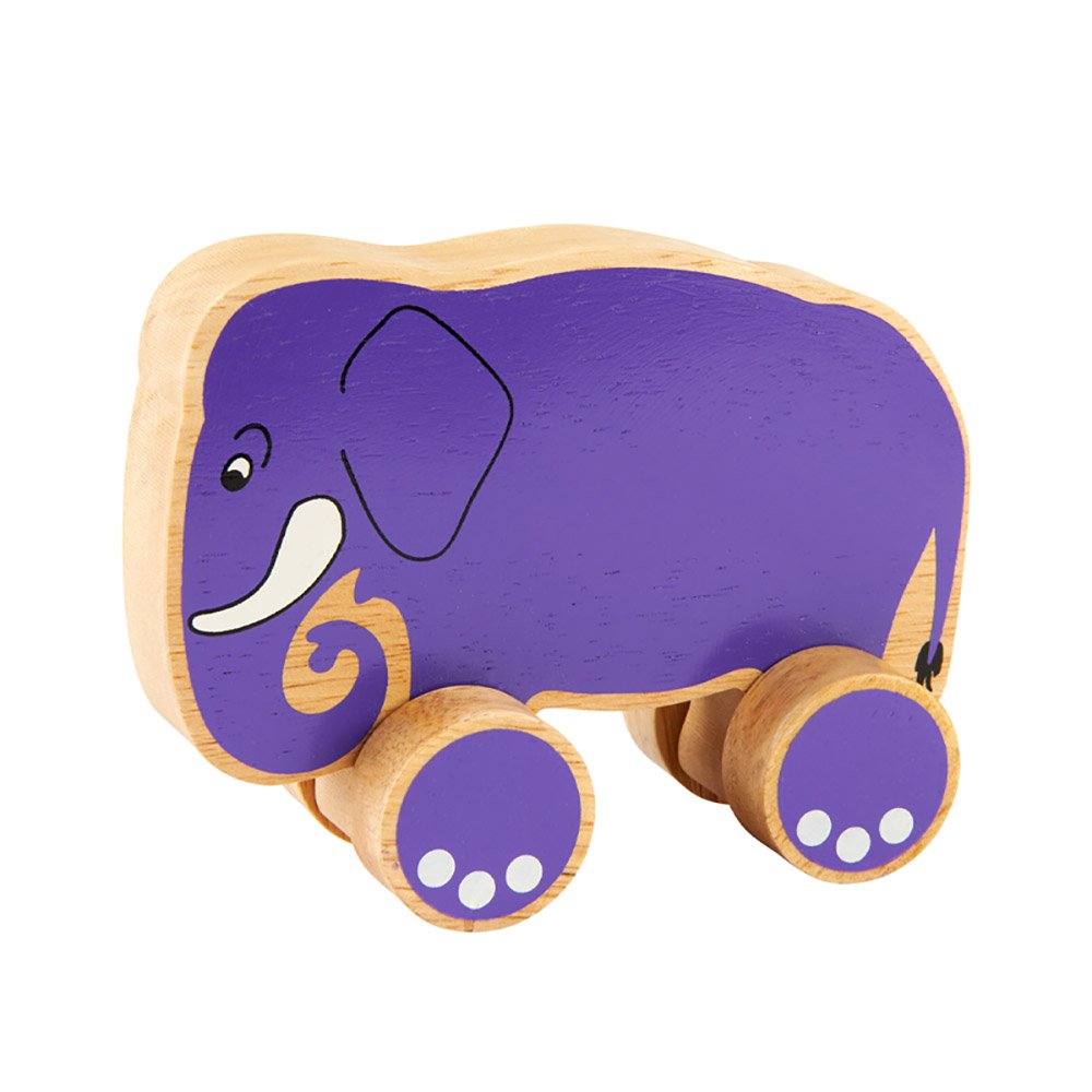 Lanka Kade Elephant Push Along Toy. This fab purple elephant toy is handcrafted from sustainable rubber wood and is perfect for small hands - great for imaginative play. Sold by Say It Baby Gifts