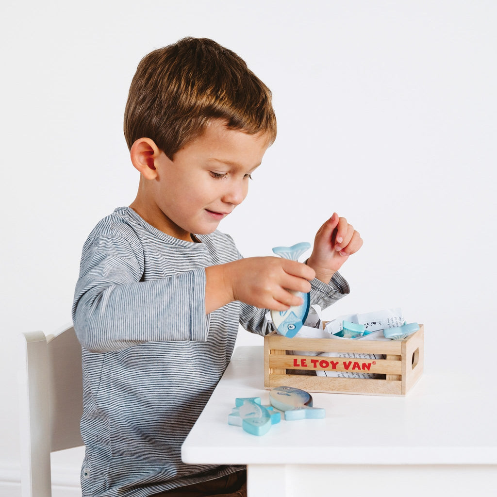 Containing a variety of 6 glittery fish - 3 mackerels and 3 sardines - made from sustainable rubberwood, it comes complete in a sturdy wooden crate.