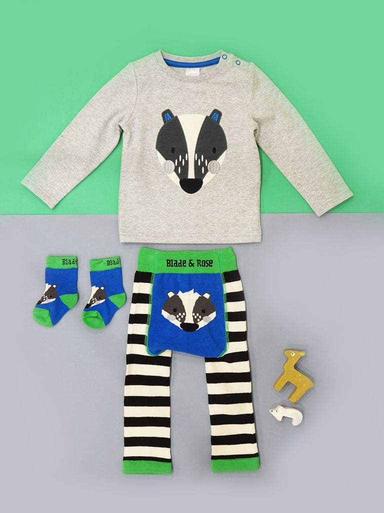 Blade & Rose Pip The Badger Top - bold, bright and fun! This gorgeous muted colours top features the sweet Pip The Badger with greys, whites and a little dash of royal blue, with a jersey applique and embroidery detail. Sold by Say It Baby Gifts