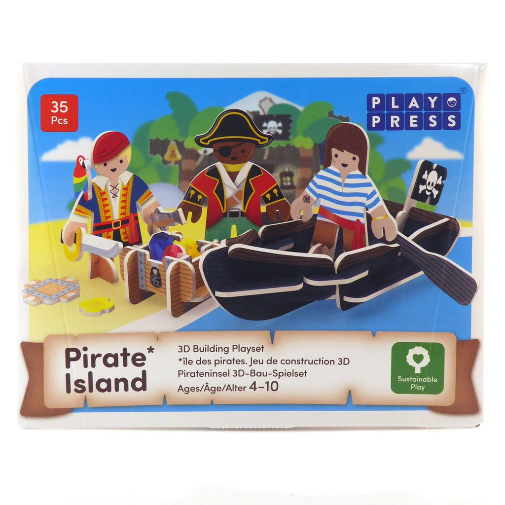 This fantastic Pirate Island Eco-Friendly Pop Out Play Set by Playpress contains 3 pirates, a boat, treasure chest, treasure, a parrot, accessories, and the pack itself also builds into a pirate island hideaway.