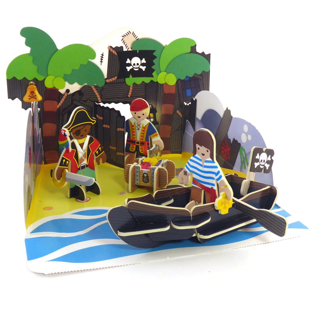 This fantastic Pirate Island Eco-Friendly Pop Out Play Set by Playpress contains 3 pirates, a boat, treasure chest, treasure, a parrot, accessories, and the pack itself also builds into a pirate island hideaway.