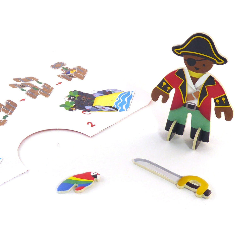 This fantastic Pirate Island Eco-Friendly Pop Out Play Set by Playpress contains 3 pirates, a boat, treasure chest, treasure, a parrot, accessories, and the pack itself also builds into a pirate island hideaway.