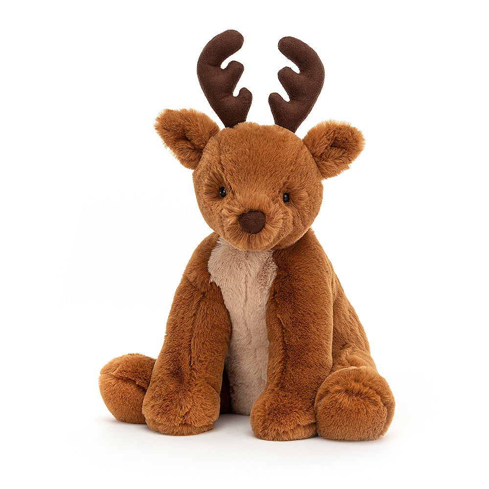 Jellycat Remi Reindeer Medium is a gorgeous, squishably soft and gentle little guy with soft toffee coloured fur and suedey chocolate coloured antlers. Sold by Say It Baby Gifts