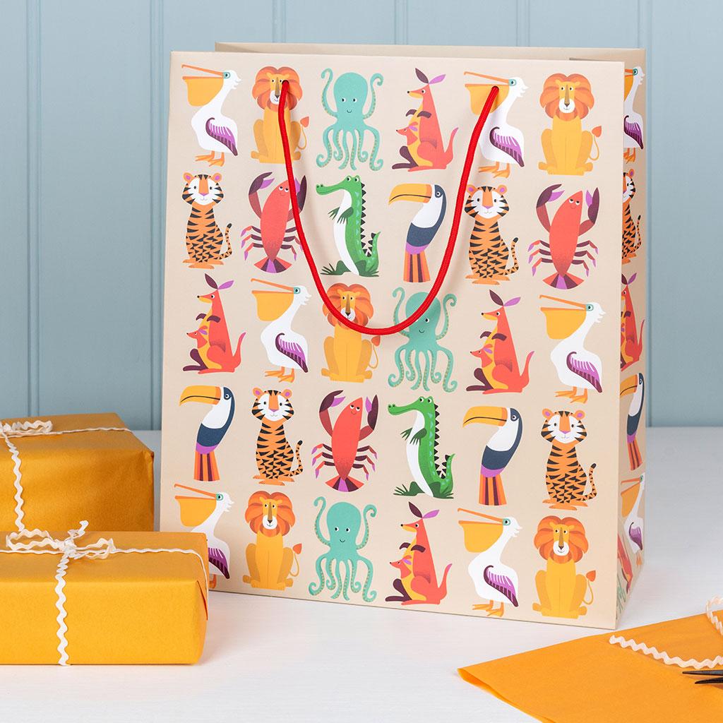 Large paper gift bag with string handles with Colourful Creatures design.