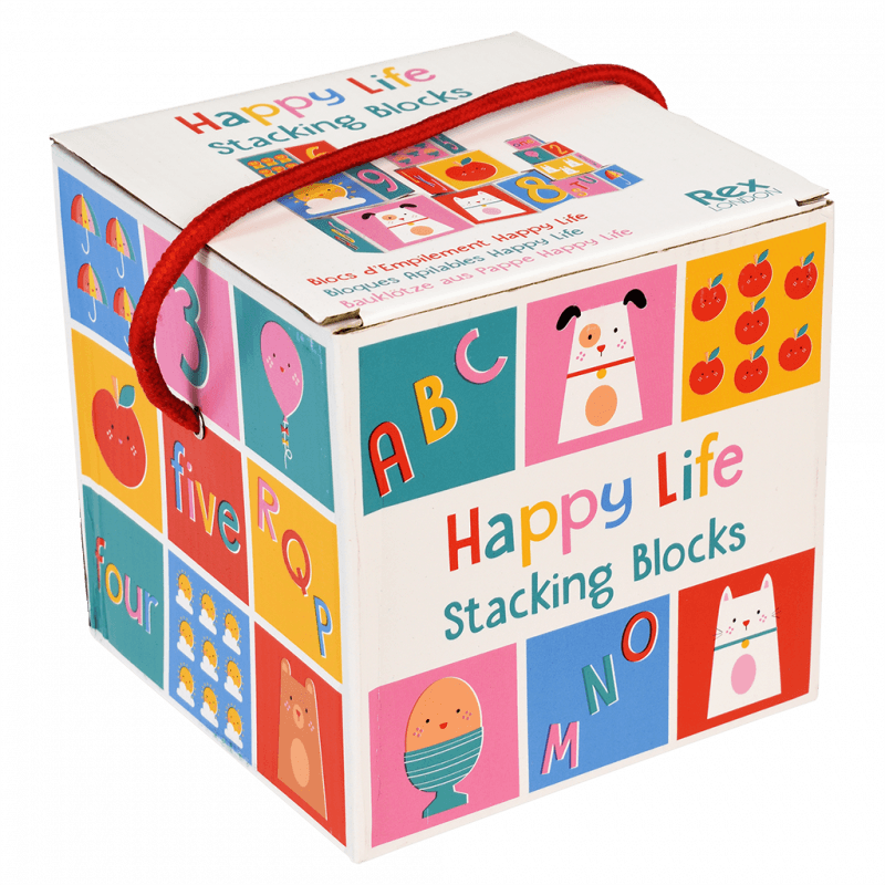 Happy Life Stacking Blocks - Bright, educational and fun, this lovely box of stacking blocks is a great gift. Rex London. Sold by Say It Baby Gifts