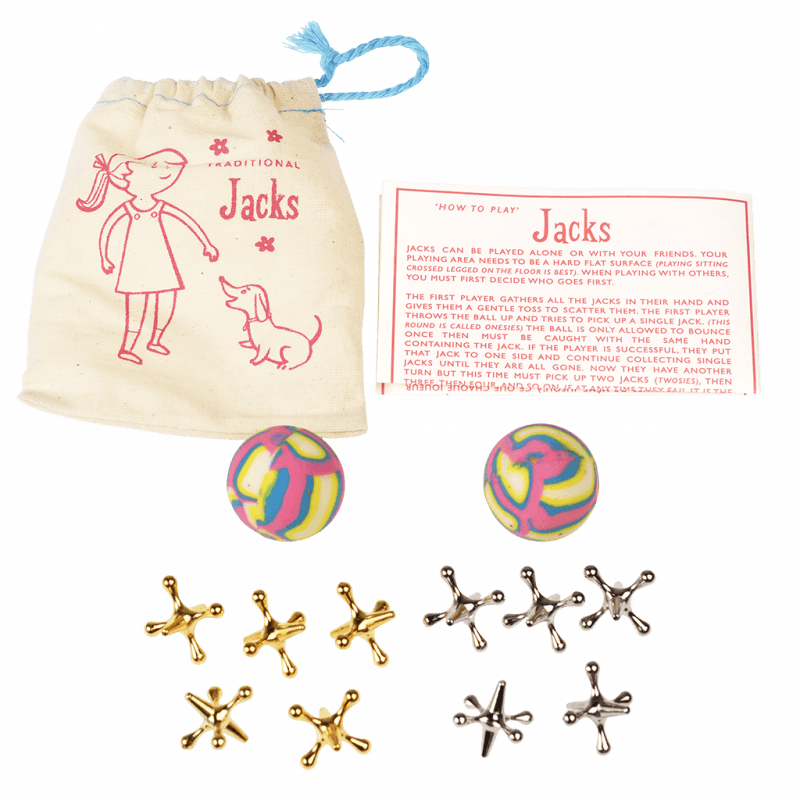 Rex London Traditional Jacks Game - A fantastic retro playground game, this Jacks set contains 10 metal jacks and two bouncy balls, with a handy cotton bag. Sold by Say It Baby Gifts