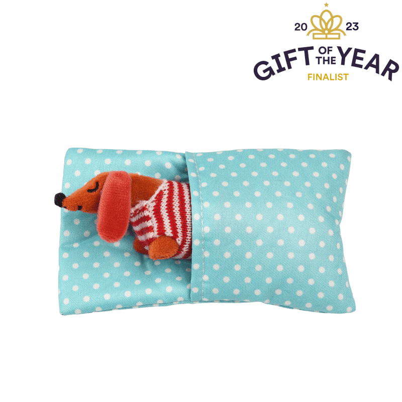 Rex London. This mini sausage dog in a little box soft toy is just so adorable with his striped shirt and red polka dot blanket! Sold by Say it Baby Gifts