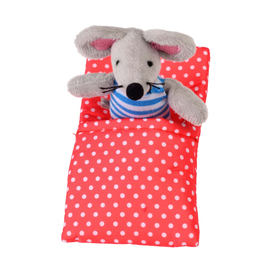 This mouse in a little house soft toy is just so adorable with his striped shirt and red polka dot blanket!