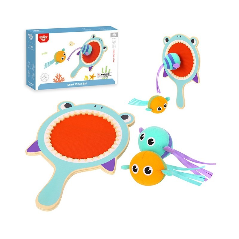 Tooky Toy Wooden Shark Catch Ball - a brightly coloured wooden shark bat with soft velcro material fish. Sold by Say it Baby Gifts