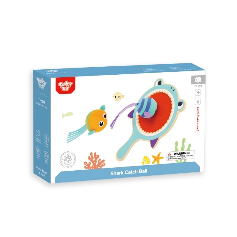 Tooky Toy Wooden Shark Catch Ball - a brightly coloured wooden shark bat with soft velcro material fish. Sold by Say it Baby Gifts