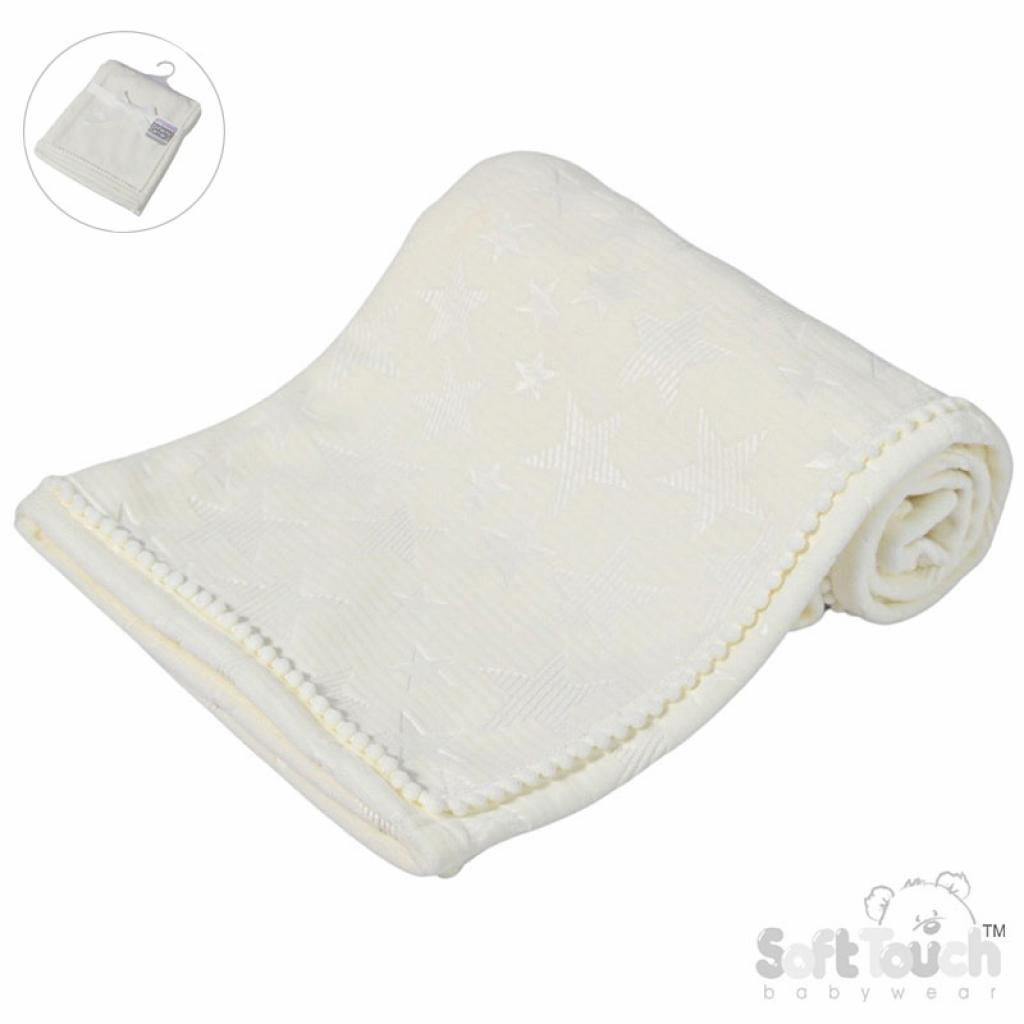 White Embossed Stars Pom Pom Trim Wrap - Say It Baby Gifts
