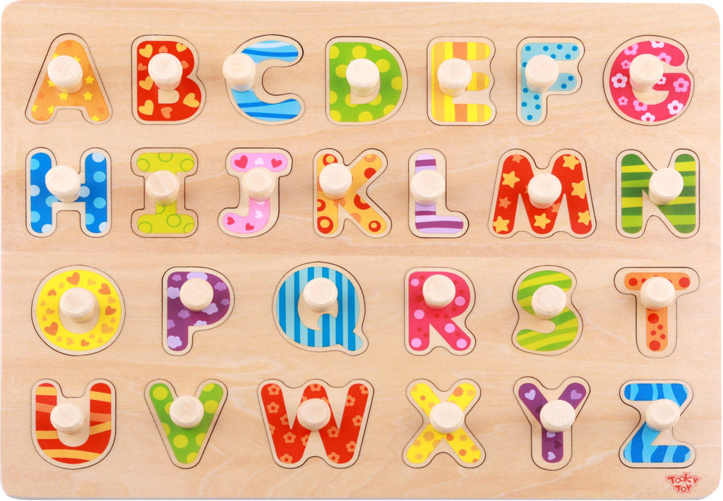 Tooky Toy Wooden Alphabet Puzzle - a colorful A-Z wooden peg jigsaw puzzle. Sold by Say It Baby Gifts